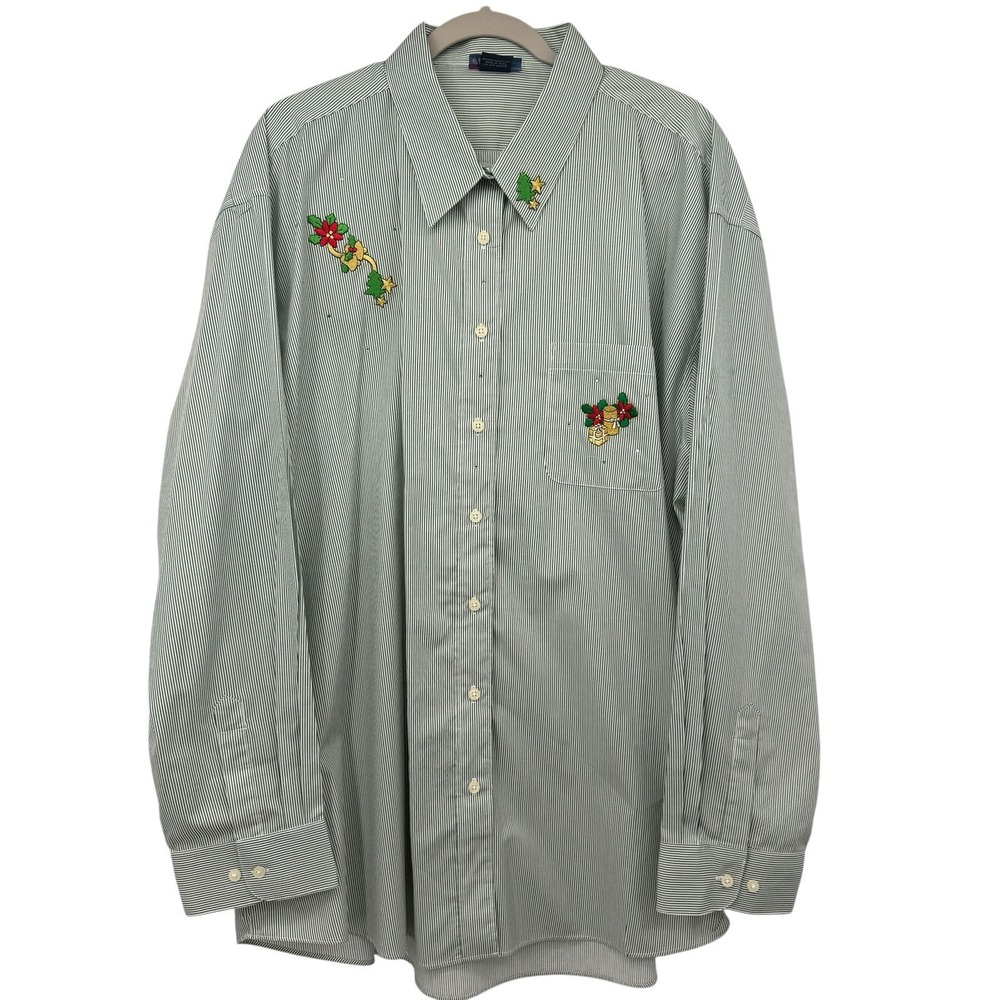 Las Olas‎ Christmas Shirt Womens 2X Green Stripe Embroidered Holiday Rhinestone